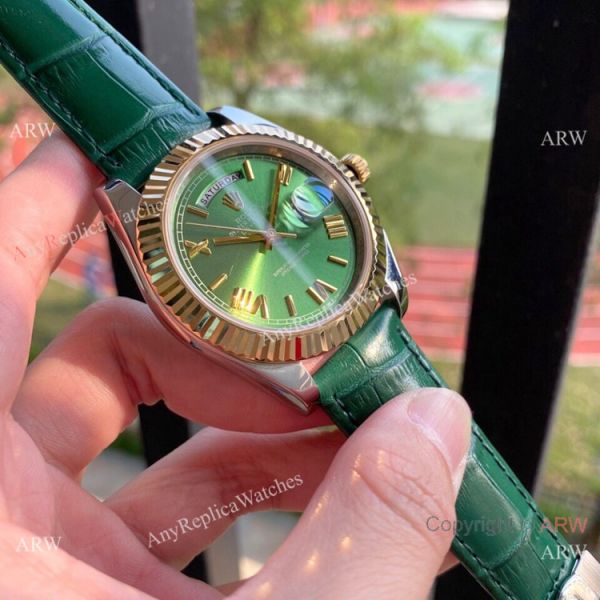Upgraded Rolex DayDate II Green Dial Leather Strap Watch 41mm