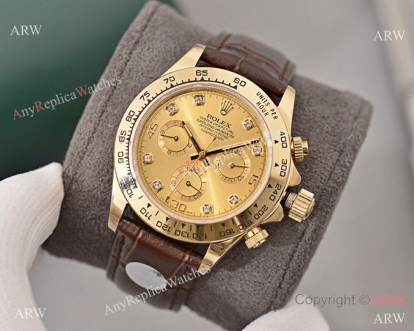 Best Replica Rolex Daytona watch Gold Dial with Diamond Leather Strap