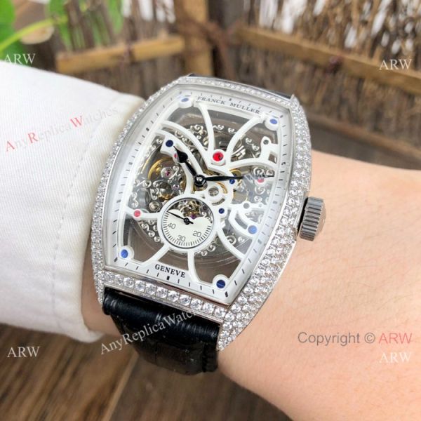 Knockoff Franck Muller Cintree Curvex Skeleton Watches SS Diamond Brown Leather Strap