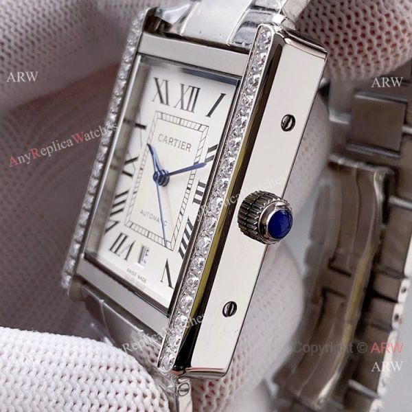 High Quality Replica Rose Gold Cartier Tank Automatic Watch With Diamond Bezel