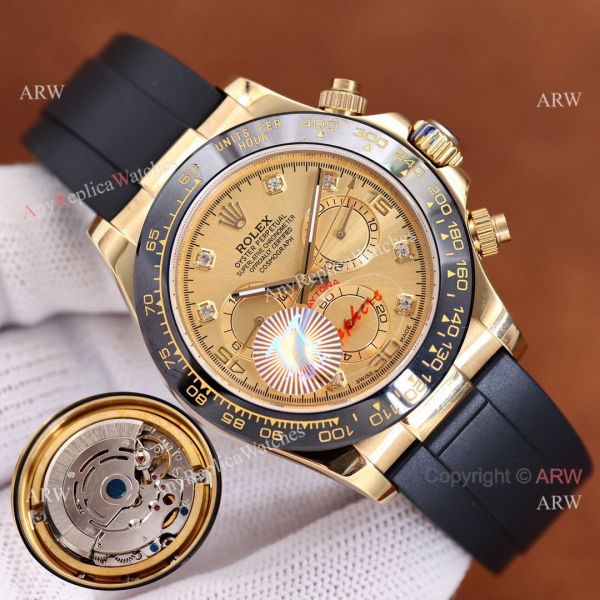 Replica Rolex Daytona Gold Dial Black Rubber Band Ceramic bezel Man Watch