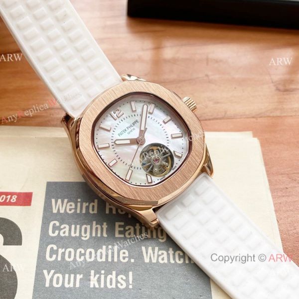 Clone Patek Philippe Lady Tourbillon Diamond Bezel Purple Rubber Strap 35mm
