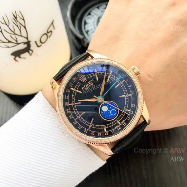 Baselworld Replica Rolex Cellini Moon phase Watches Rose Gold Blue Stick